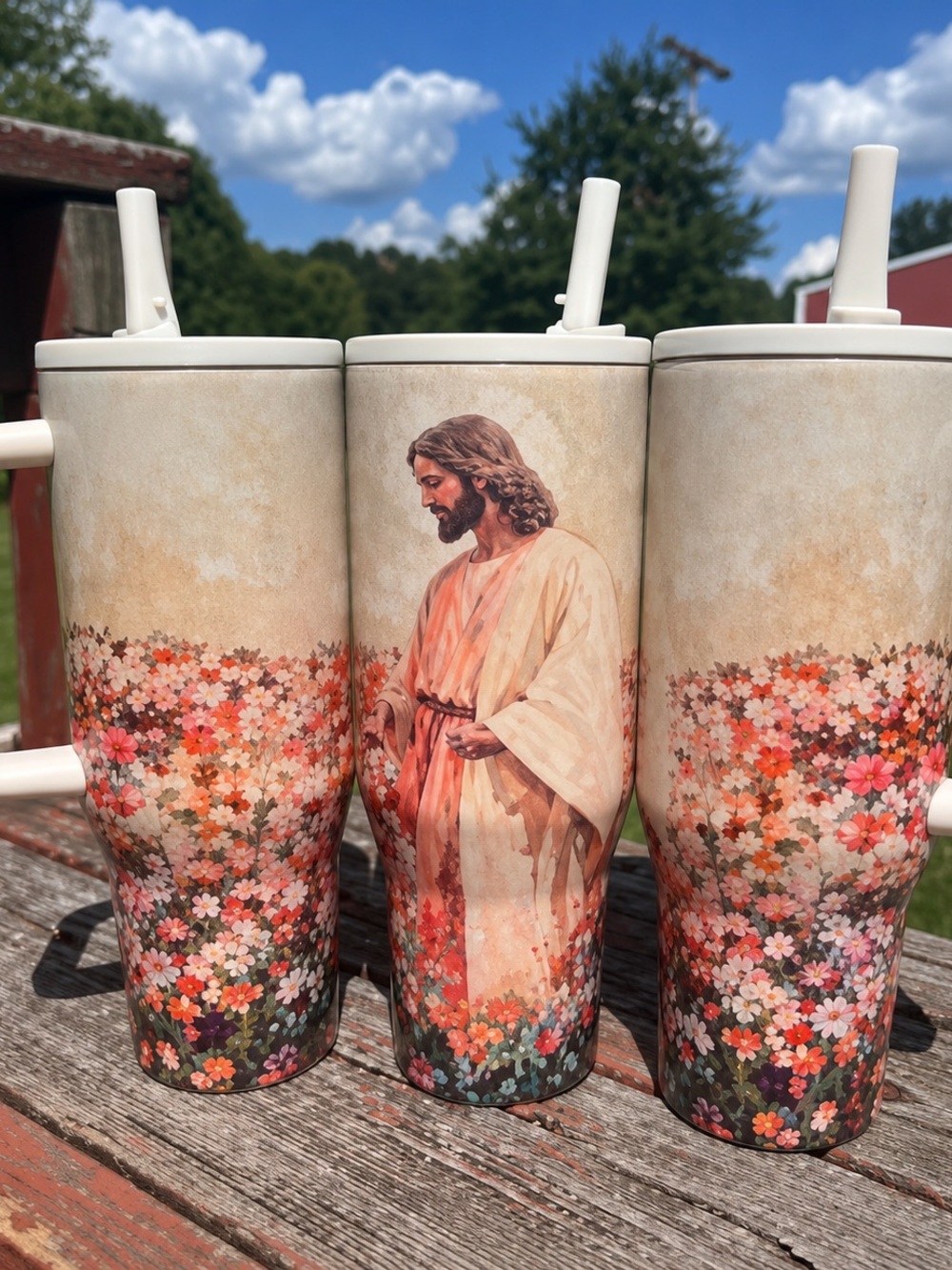 40oz Jesus in the Flower Garden Christian Tumbler 🌸✝️